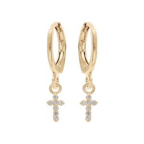 Boucles D'oreilles Créoles Plaqué Or Articulée Pampille Croix Oxydes Blancs Sertis
