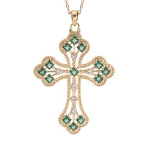 Collier Plaqué Or Pendentif Croix Empierre Oxydes Verts Foncés 40+5cm