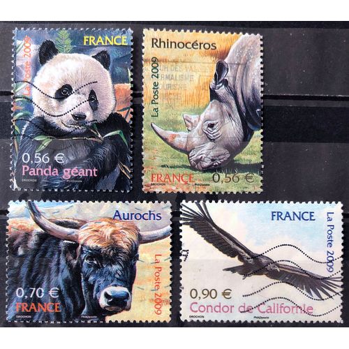 Série Animaux Disparus Ou Menacés 2009 - Très Jolis N° 4372 Panda Géant + 4373 Rhinocéros + 4374 Aurochs + 4375 Condor De Califormie Obl - France Année 2009 - Brn83 - N33678