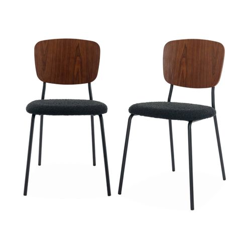 Lot De 2 Chaises Assise Bouclette Texturée Noire. Dossier Bois De Peuplier Courbé. Pieds En Métal Noir Mat
