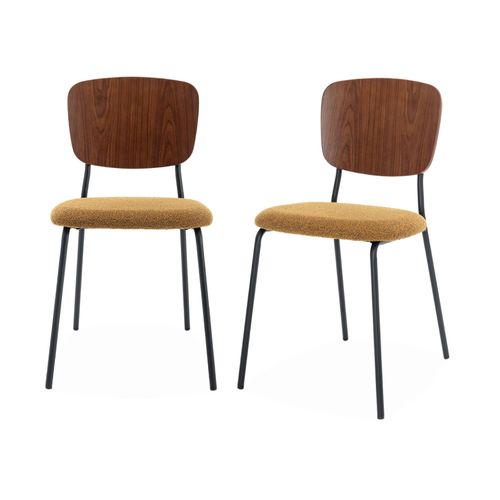 Lot De 2 Chaises Assise Bouclette Texturée Moutarde. Dossier Bois De Peuplier Courbé. Pieds En Métal Noir Mat