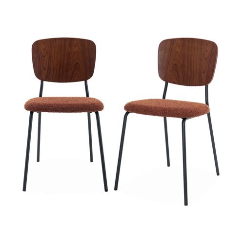 Lot De 2 Chaises Assise Bouclette Texturée Terracotta. Dossier Bois De Peuplier Courbé. Pieds En Métal Noir Mat