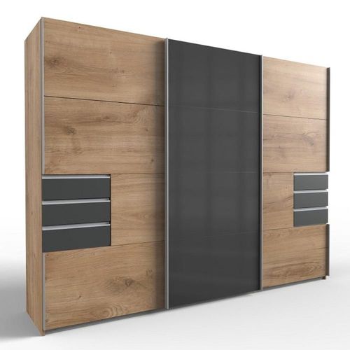 Armoire Coulissante Amora 270cm Chêne Poutre 6 Tiroirs Graphite Porte Sobre Verre Gris