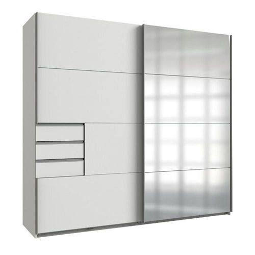 Armoire Coulissante Amora 225cm Blanc 3 Tiroirs Porte Sobre Miroir