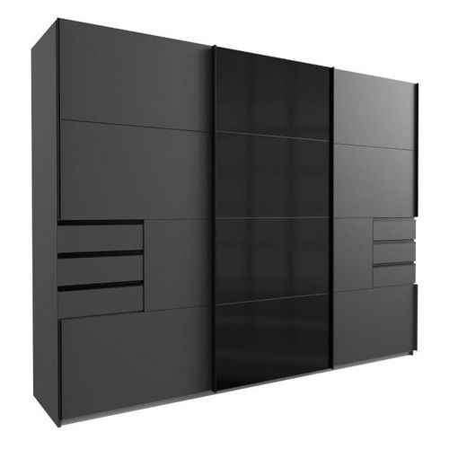Armoire Coulissante Amora 270cm Graphite 6 Tiroirs Porte Sobre Verre Noir
