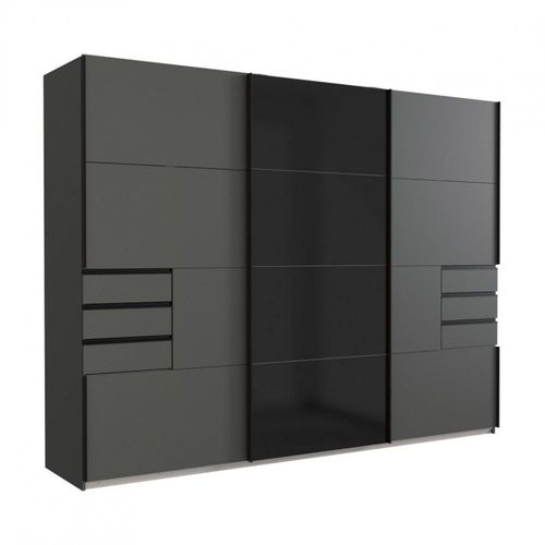 Armoire Grana 3 Portes Coulissantes 6 Tiroirs Coloris Graphite Porte Centrale Verre Noir