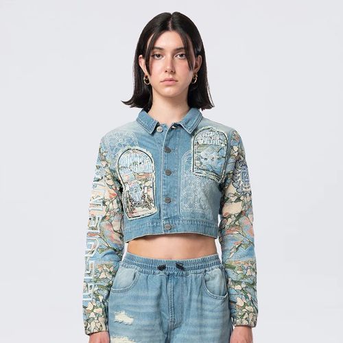 Smoke Rise Cropped Tapestry Denim Jacket Femme Vestes De Mi-Saison Bleu Taille L Vêtements