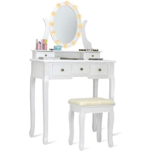 Costway Coiffeuse,Table De Maquillage Avec Led Lumière Chaude Miroir Ovale Rotative ,5 Tiroirs,Tabouret Confortable Blanc