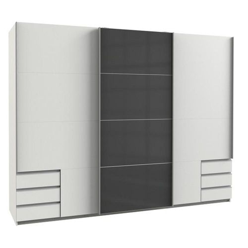 Armoire Coulissante Aurelia 270cm Blanc 6 Tiroirs Porte Verre Gris