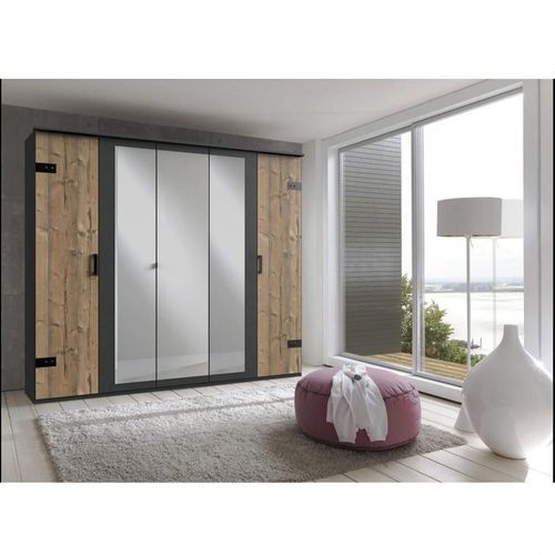 Armoire Corniche Stoke 5 Portes 3 Miroirs Corps Graphite Façade Imitation Sapin Argenté Graphite