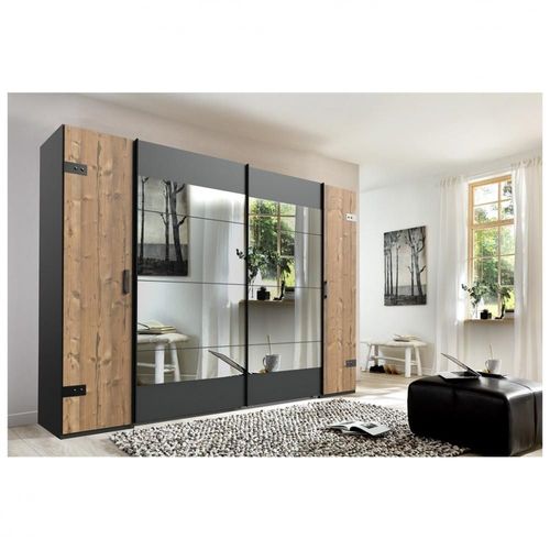 Armoire Stoke 2 Portes Coulissantes Miroirs 2 Portes Battantes Corps Graphite Rechampis Sapin Argenté