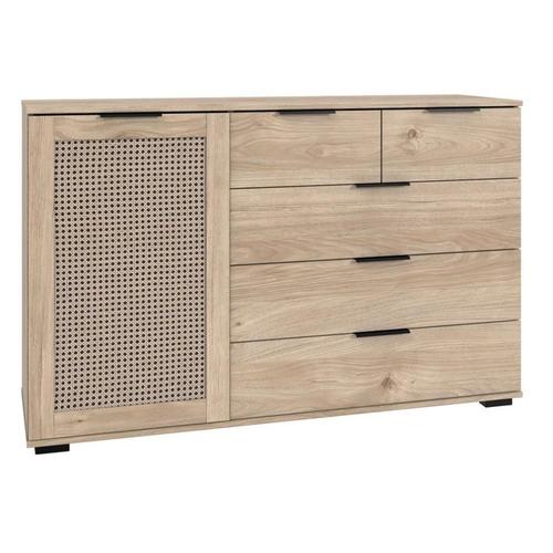 Commode Combinée Enina 1 Porte 5 Tiroirs Décor Chêne Hickory Motif Tressage Viennois