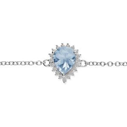 Bracelet Argent Rhodié Topaze Bleue Véritable Forme Goutte 8x6 Contour Oxydes Blancs Sertis 16+3cm