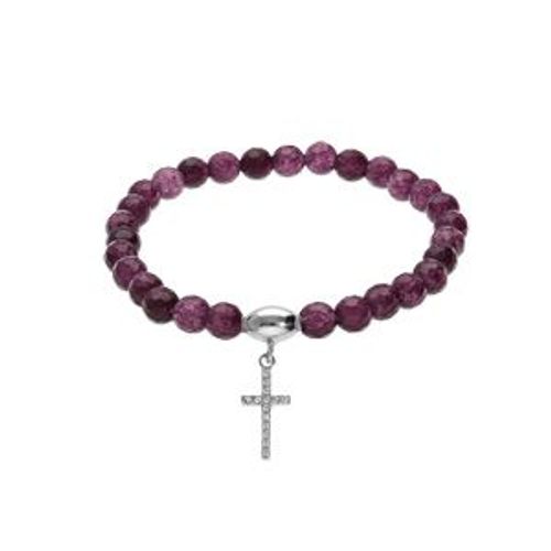 Bracelet Argent Rhodié Extensible Pierres Naturelles 6mm Agate Violette Avec Croix 15mm Oxydes Blancs