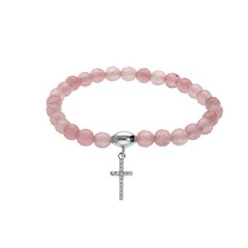 Bracelet Argent Rhodié Extensible Pierres Naturelles 6mm Agate Rose Avec Croix 15mm Oxydes Blancs