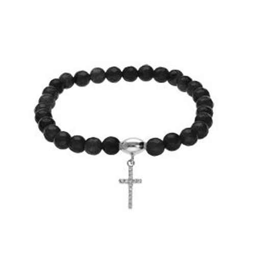 Bracelet Argent Rhodié Extensible Pierres Naturelles 6mm Agate Noire Avec Croix 15mm Oxydes Blancs