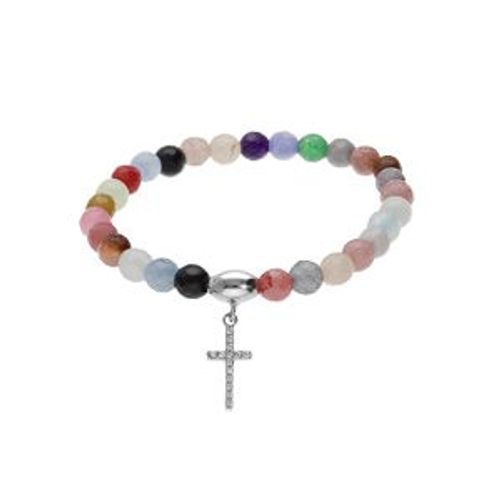 Bracelet Argent Rhodié Extensible Pierres Naturelles 6mm Agate Multicolore Avec Croix 15mm Oxydes Blancs