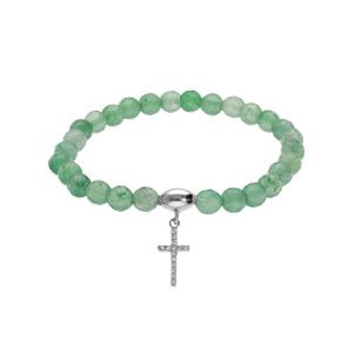 Bracelet Argent Rhodié Extensible Pierres Naturelles 6mm Agate Verte Avec Croix 15mm Oxydes Blancs