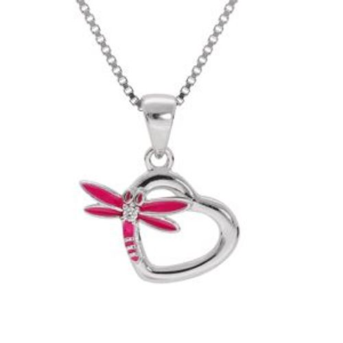 Collier Argent Rhodié Pendentif Coeur Avec Libellule Résine Rose 36+2cm