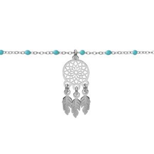 Bracelet Argent Rhodié Boules Résine Turquoise Imitation Avec Attrape Reve 15+3cm