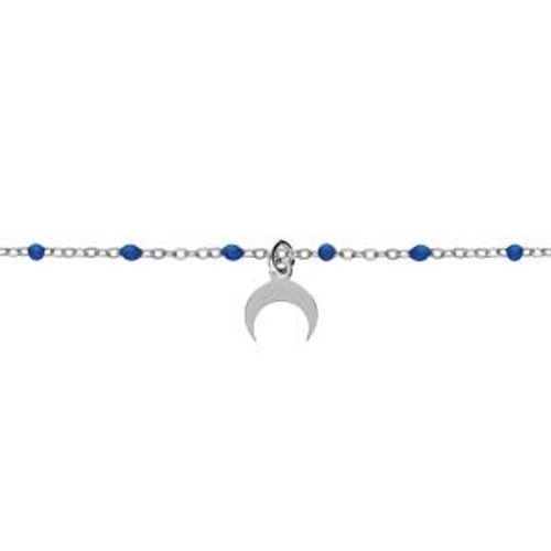 Bracelet Argent Rhodié Boules Résine Bleu Foncé Avec Demi Lune 15+3cm