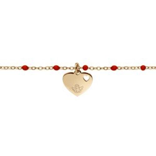 Bracelet Argent Et Dorure Jaune Boules Résine Rouges Avec Coeur Et Petit Ange 15+3cm