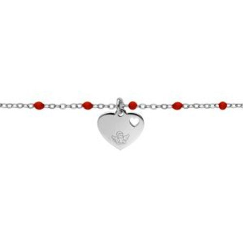 Bracelet Argent Rhodié Boules Résine Rouges Avec Coeur Et Petit Ange 15+3cm