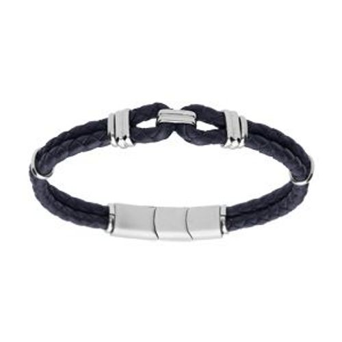 Bracelet Acier Et Double Cuir Bovin Tressé Bleu Double Fermoir 19+1cm