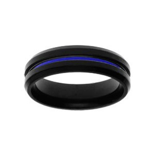 Bague Acier Pvd Noir Filet Bleu 6mm