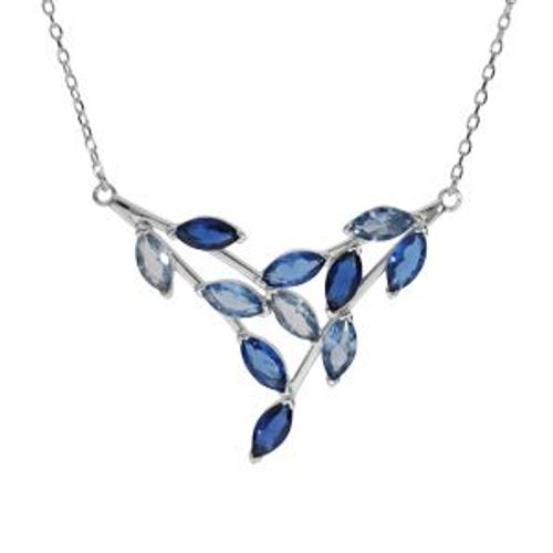 Collier Argent Rhodié Forme Pointe Empiérrés Bleu Ciel Et Bleu Foncé 40+5cm