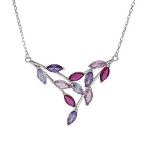 Collier Argent Rhodié Forme Pointe Empiérrés Violet Rose Fuschia 40+5cm