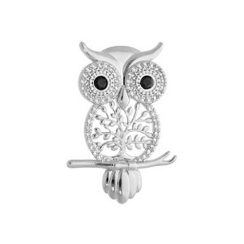 Broche Argent Rhodié Hibou - Chouette + Arbre De Vie Et Oxydes Sertis Blancs Et Noirs