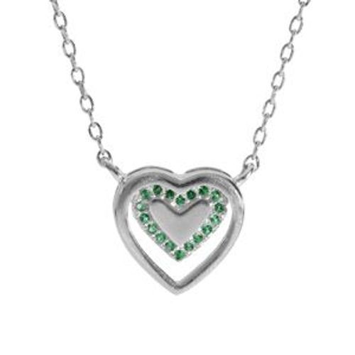 Collier Argent Rhodié Pendentif Coeur Oxydes Verts 40+4cm