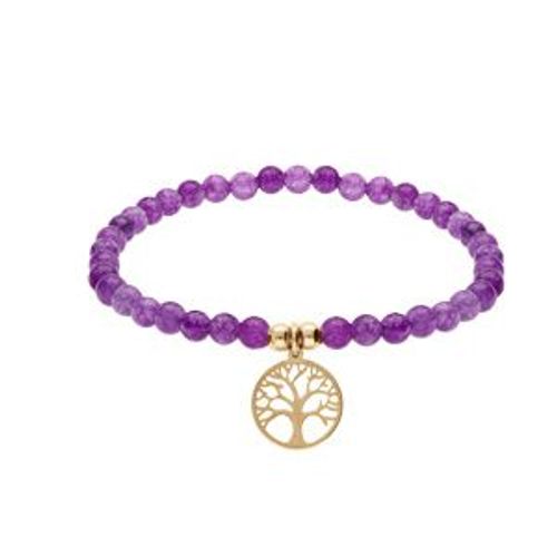 Bracelet Acier Et Pvd Jaune Extensible Pierres Naturelles 4mm Agate Violette Avec Arbre De Vie