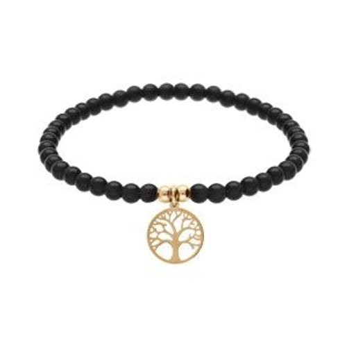 Bracelet Acier Et Pvd Jaune Extensible Pierres Naturelles 4mm Agate Noire Avec Arbre De Vie
