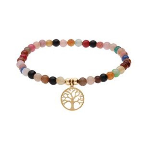 Bracelet Acier Et Pvd Jaune Extensible Pierres Naturelles 4mm Agate Multi Couleur Avec Arbre De Vie