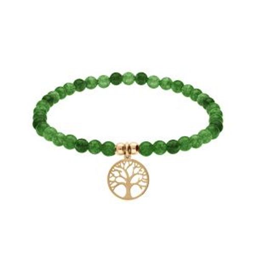 Bracelet Acier Et Pvd Jaune Extensible Pierres Naturelles 4mm Agate Verte Avec Arbre De Vie