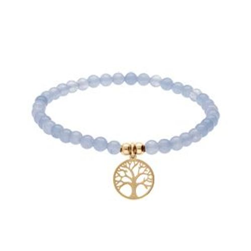 Bracelet Acier Et Pvd Jaune Extensible Pierres Naturelles 4mm Agate Bleu Clair Avec Arbre De Vie