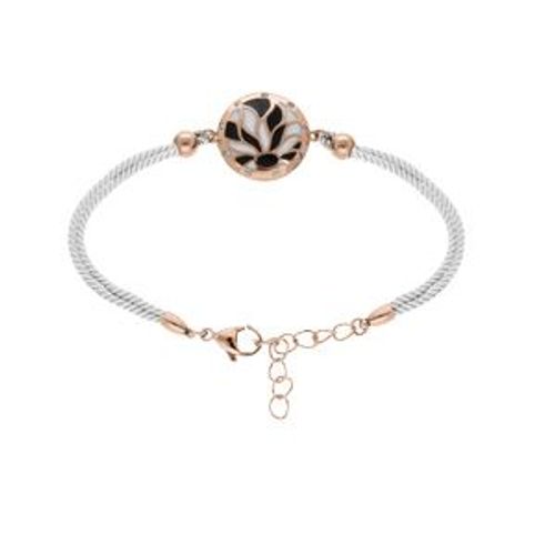 Bracelet Acier Et Pvd Rose Avec Cordon Blanc Motif Rond Avec Résine Blanche Et Noire 16+3cm