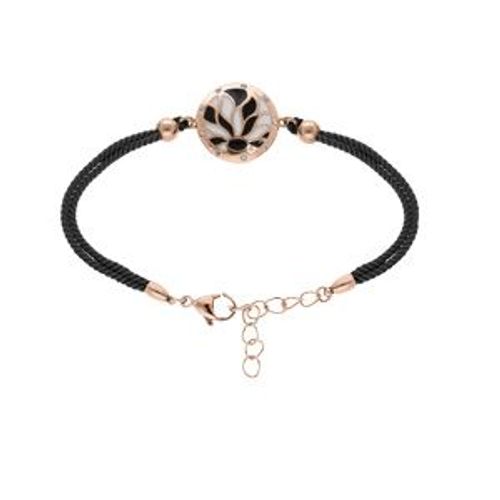 Bracelet Acier Et Pvd Rose Avec Cordon Noir Motif Rond Avec Résine Blanche Et Noire 16+3cm