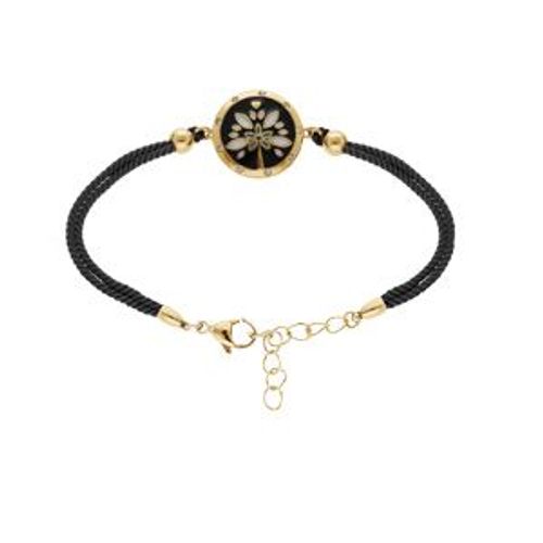 Bracelet Acier Et Pvd Jaune Cordon Noir Motif Rond Avec Résine 16+3cm