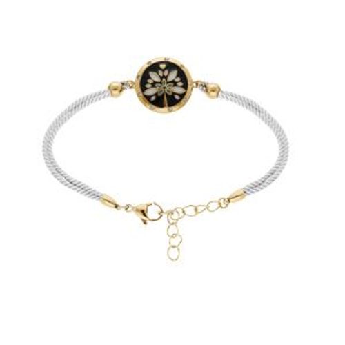 Bracelet Acier Et Pvd Jaune Cordon Blanc Motif Rond Avec Résine 16+3cm