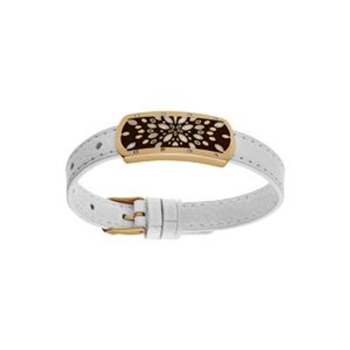 Bracelet Acier Et Pvd Jaune Et Cuir Bovin Blanc Motif Rectangulaire Avec Résine Réglable
