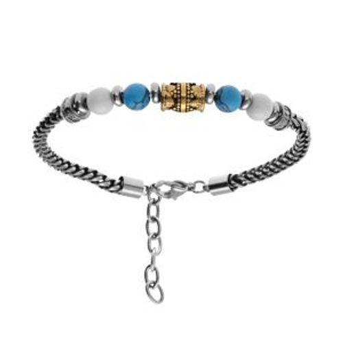 Bracelet Acier Boules Blanches Et Noires Et Tube Pvd Jaune 19+3cm