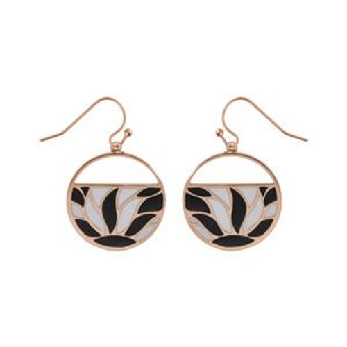 Boucles D'oreilles Crochet Acier Et Pvd Rose Ronde Avec Résine Blanche Et Noire