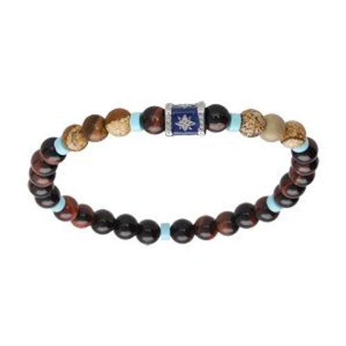 Bracelet Acier Extensible Boules Oeil De Tigre Et Paesina Avec Rondelles Turquoise Imitation