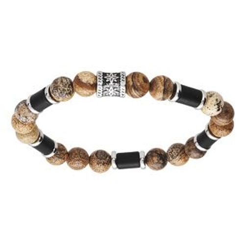 Bracelet Acier Extensible Boules Paesina Et Agate Noire
