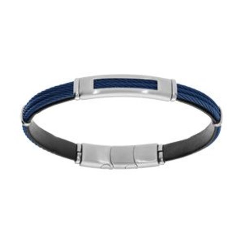 Bracelet Acier Et Cuir Bovin Noir 3 Câbles Bleus 20+1cm Double Fermoir