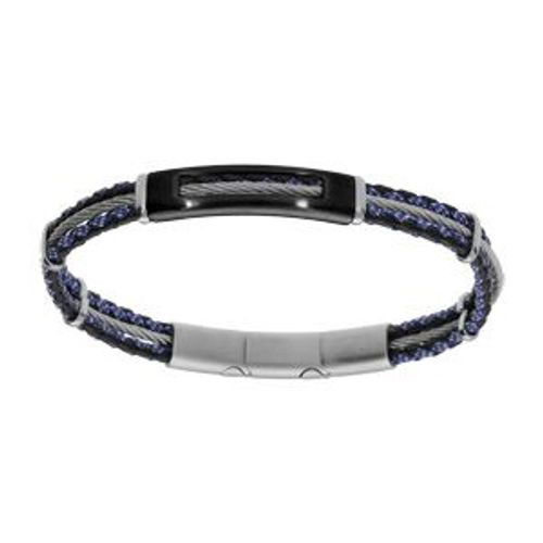 Bracelet Acier Cordon Bleu Et Noir Et Câble Gris Et Pvd Noir 20+1cm Double Fermoir