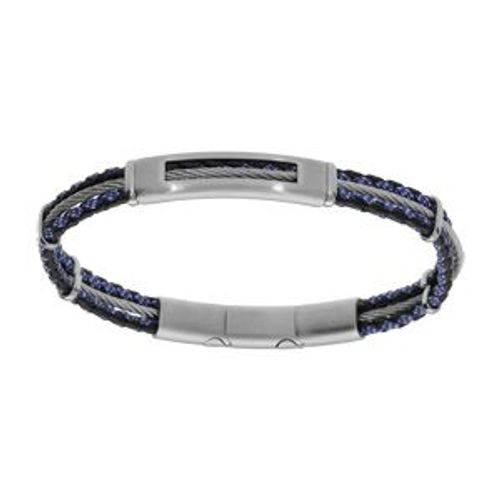 Bracelet Acier Cordon Bleu Et Noir Et Câble Gris 20+1cm Double Fermoir